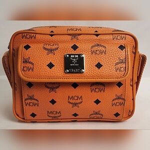 Authentic MCM Aren Orange Monogram Crossbody Bag with Silver Hardware